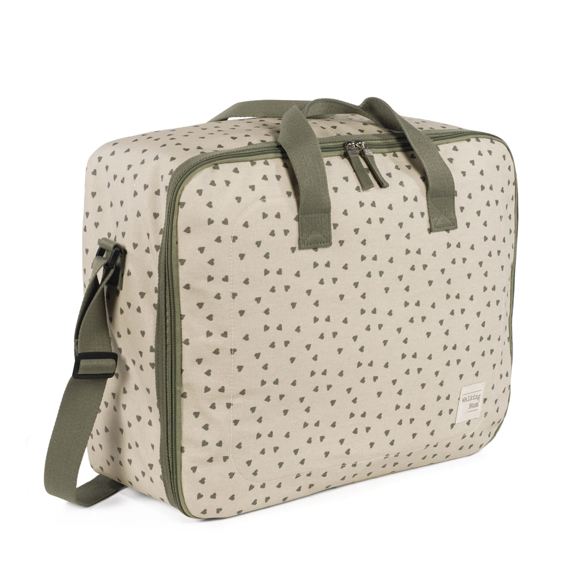 Walking Mum baba bőrönd Csupaszív mintával Oliva színben