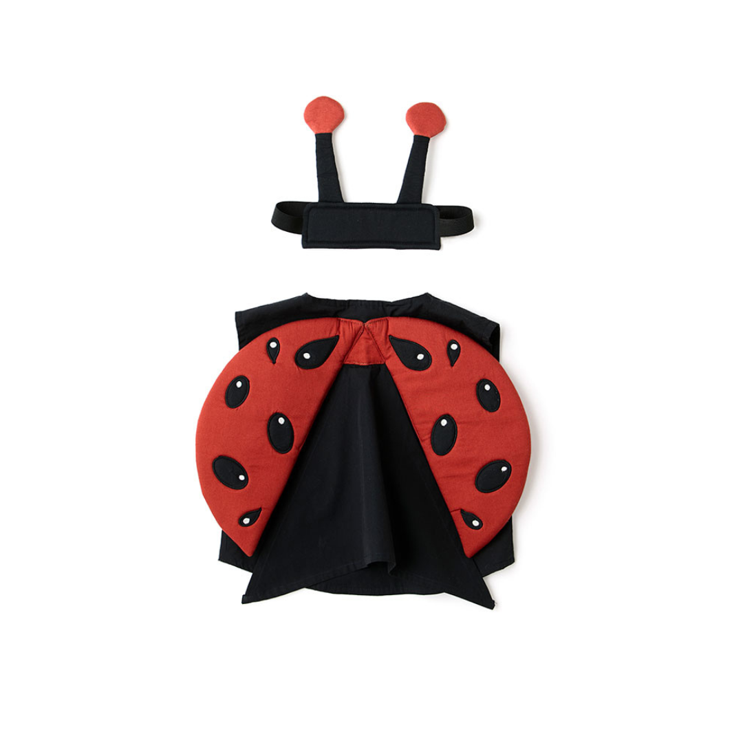 Gyerek katica jelmez piros pöttyös szárnyakkal és antennás fejpánttal