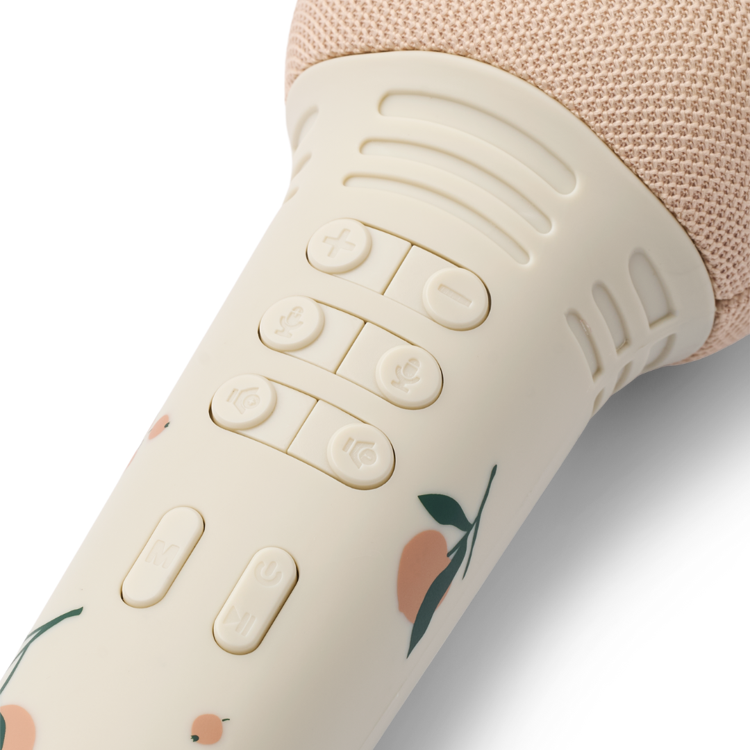 Liewood Beinta mikrofon kezelőgombjai közelről: hangerőszabályzó, módváltó és ki/bekapcsoló gombok