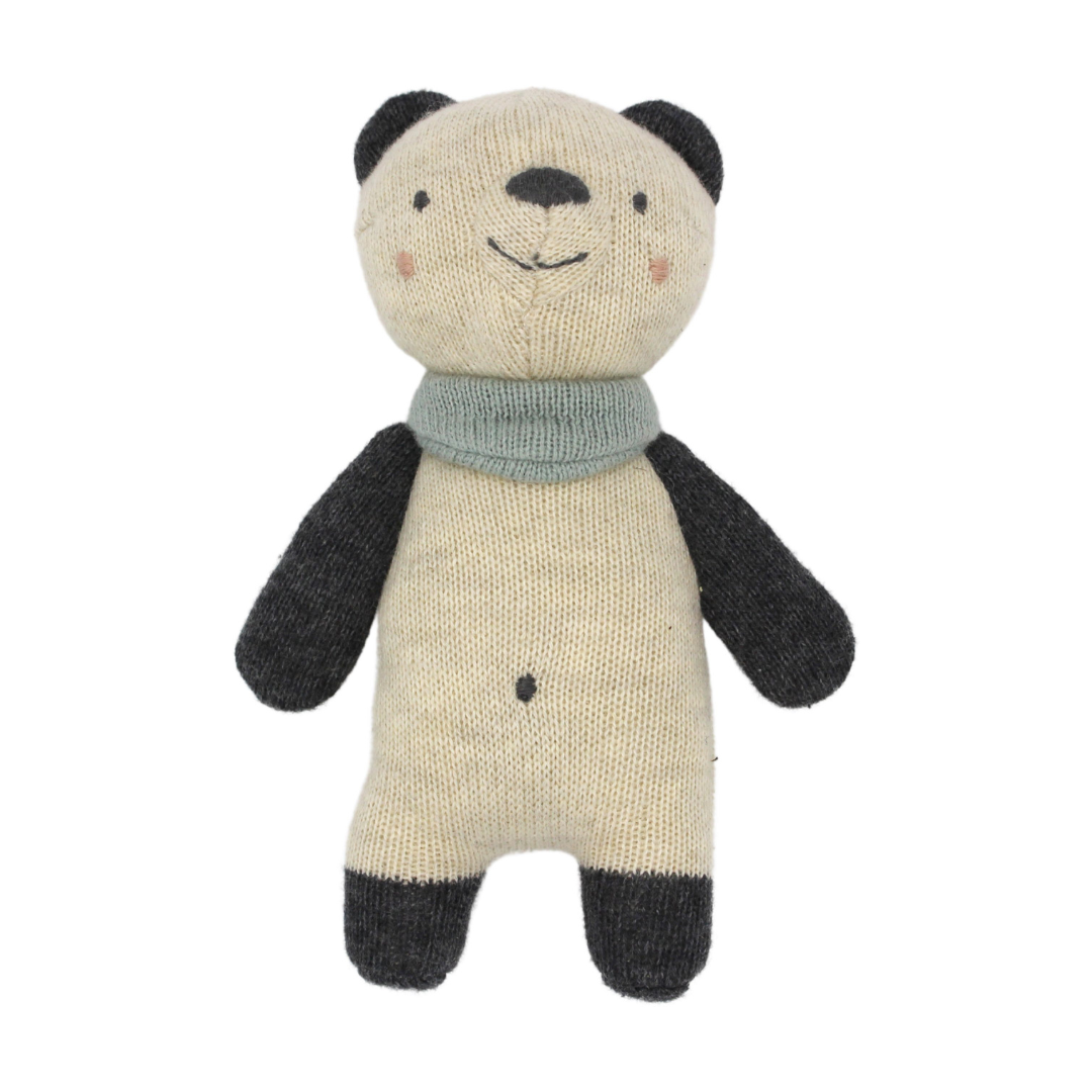 Ajándék újszülötteknek - Plüss panda csörgő világoskék sállal - Pippadu