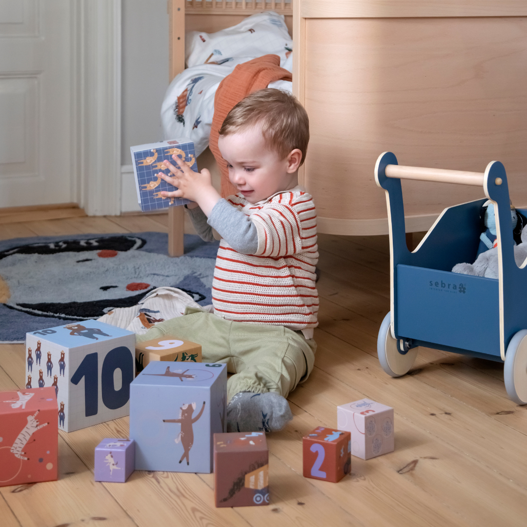 Kisfiú a földön építő kockákkal játszik - Sebra - fejlesztőjáték a Pippadu polcain