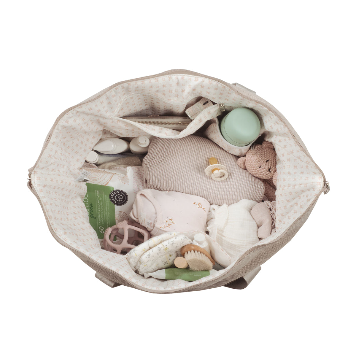 Walking Mum utazótáska bézs színben bepakolva - Eco Mum XL