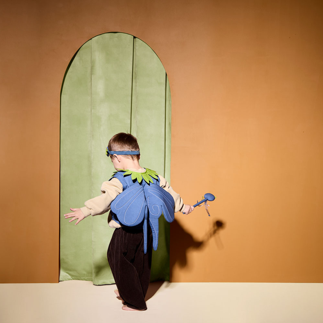 Áfonyatündér jelmez gyerekeknek teljes szettben – kék mellény, zöld gallér, tündérszárny és varázspálca