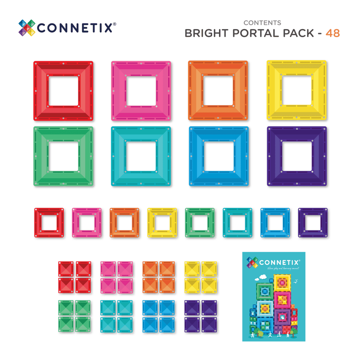 CONNETIX Bright Portal Pack mágneses építőelemek a dobozból, különböző méretű portálok és forgatható négyzetek