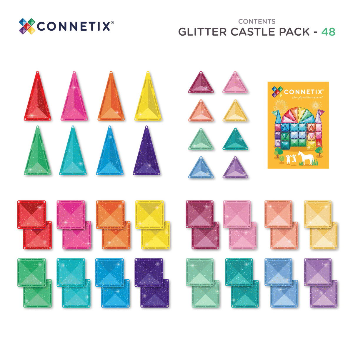 CONNETIX Glitter Castle Pack mágneses építőelemek dobozból, pasztell és élénk csillámos négyzetek és háromszögek