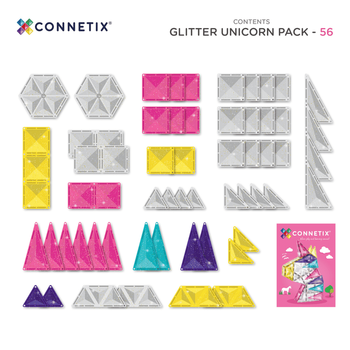 CONNETIX csillámos mágneses építőjáték Glitter Unicorn Pack doboza, 56 darabos készlet”