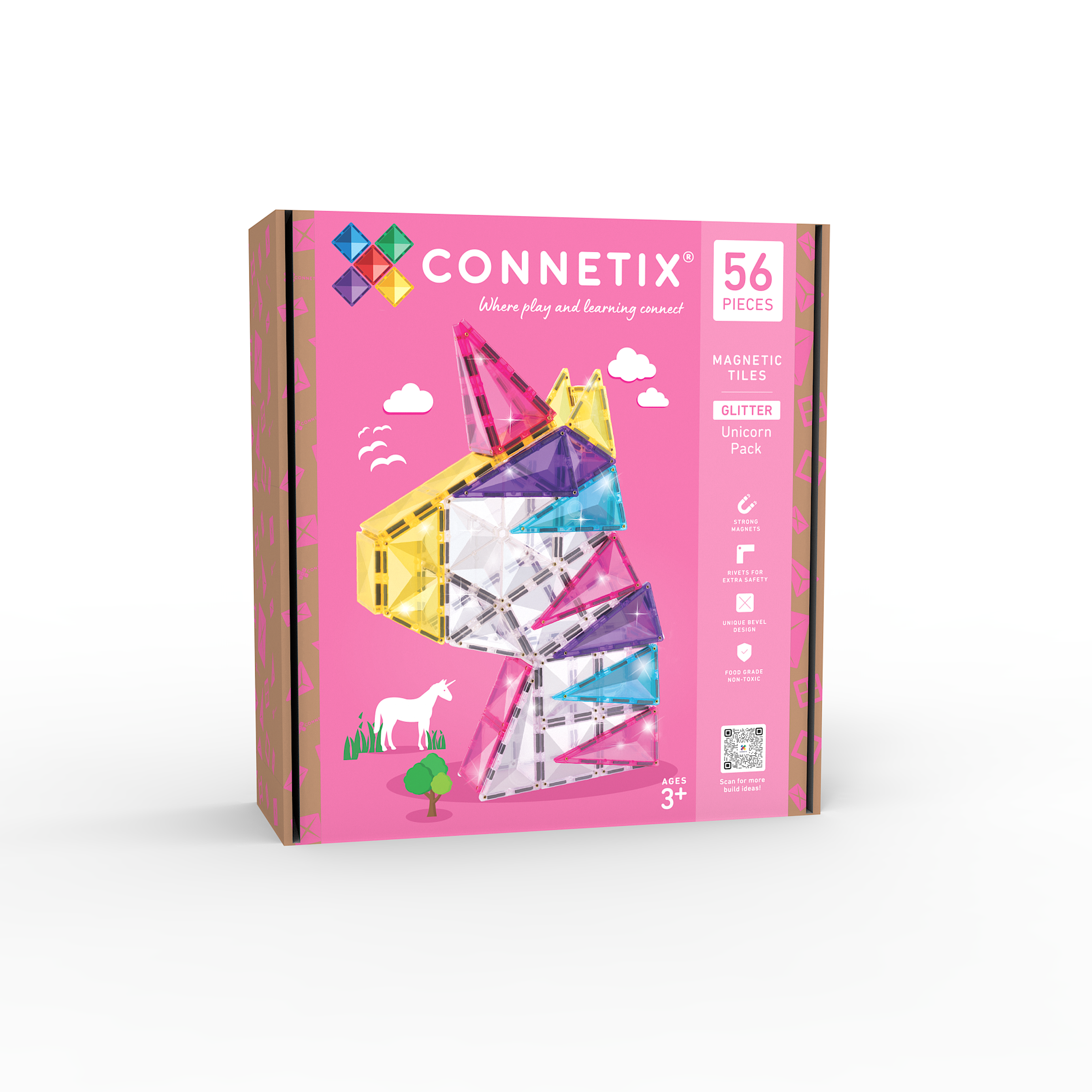 CONNETIX Glitter Unicorn Pack mágneses építőelemek dobozból, pasztell és élénk csillámos négyzetek és háromszögek