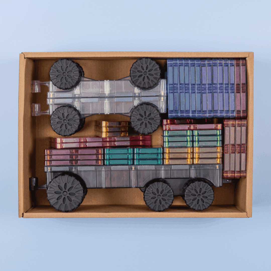 A doboz tartalma: CONNETIX mágneses építőjáték pasztell Transport Pack színes elemei