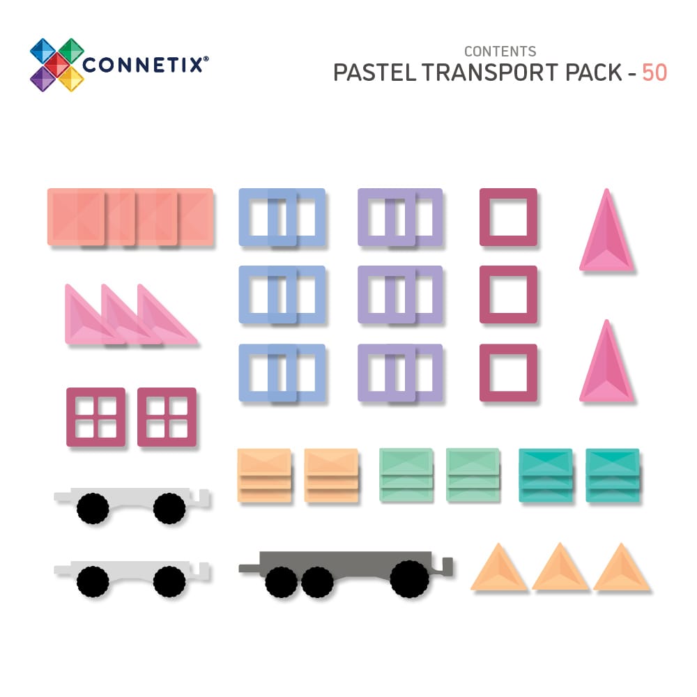 A CONNETIX mágneses építőjáték pasztell Transport Pack tartalma: kocsi alapok, vonat/teherautó alap és színes mágneses elemek