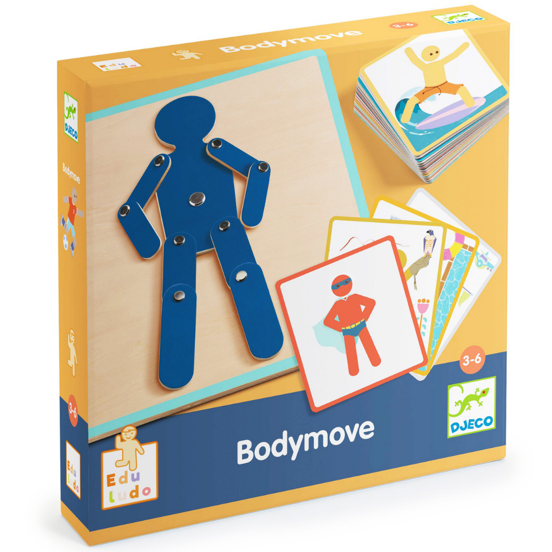 Djeco Mozdulatok (Bodymove) fejlesztő játék doboza mozgatható testrésszel és képkártyákkal