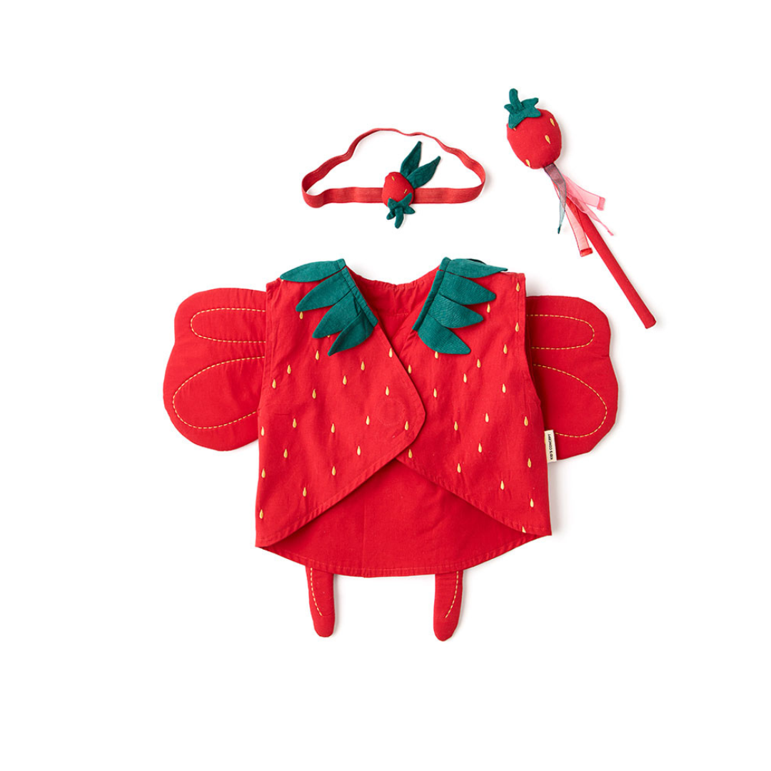 Epertündér jelmez gyerekeknek teljes szettben – piros mellény, zöld gallér és tündérszárny