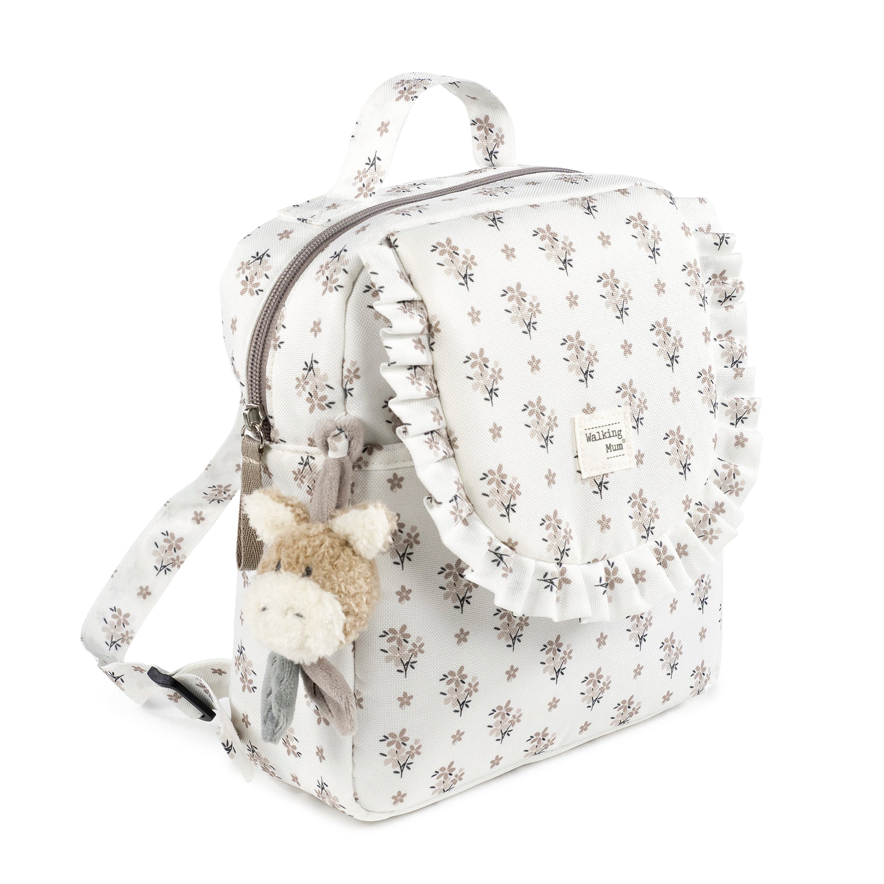 Walking Mum gyerek hátizsák virágos mintával, fodros részletekkel, szamár fejecskével