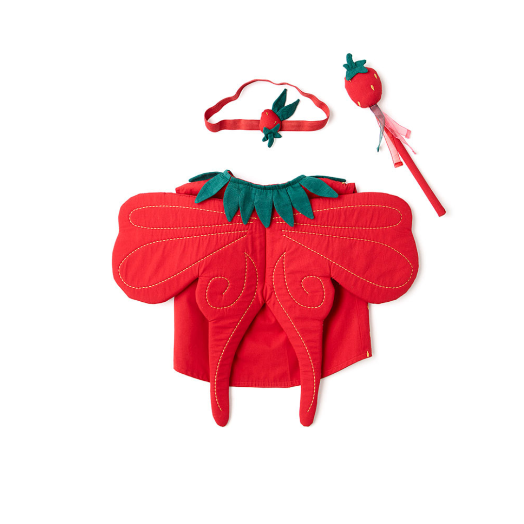 Gyerek tündér jelmez hátulról – hímzett szárnyakkal és piros mellénnyel