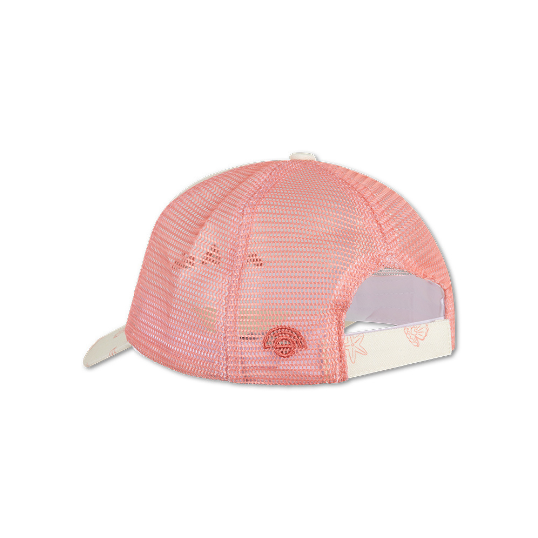 A kagyló mintás gyerek trucker sapka korall színű hálós hátoldala és állítható pántja.
