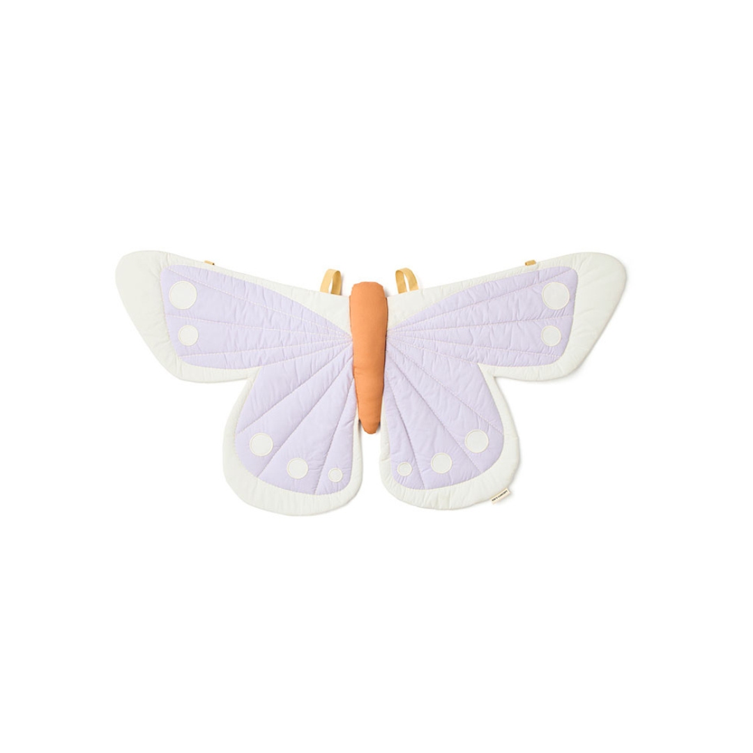 Lila gyerek pillangó jelmez hátulnézeti kép – világos színű szárnyakkal és narancs testtel