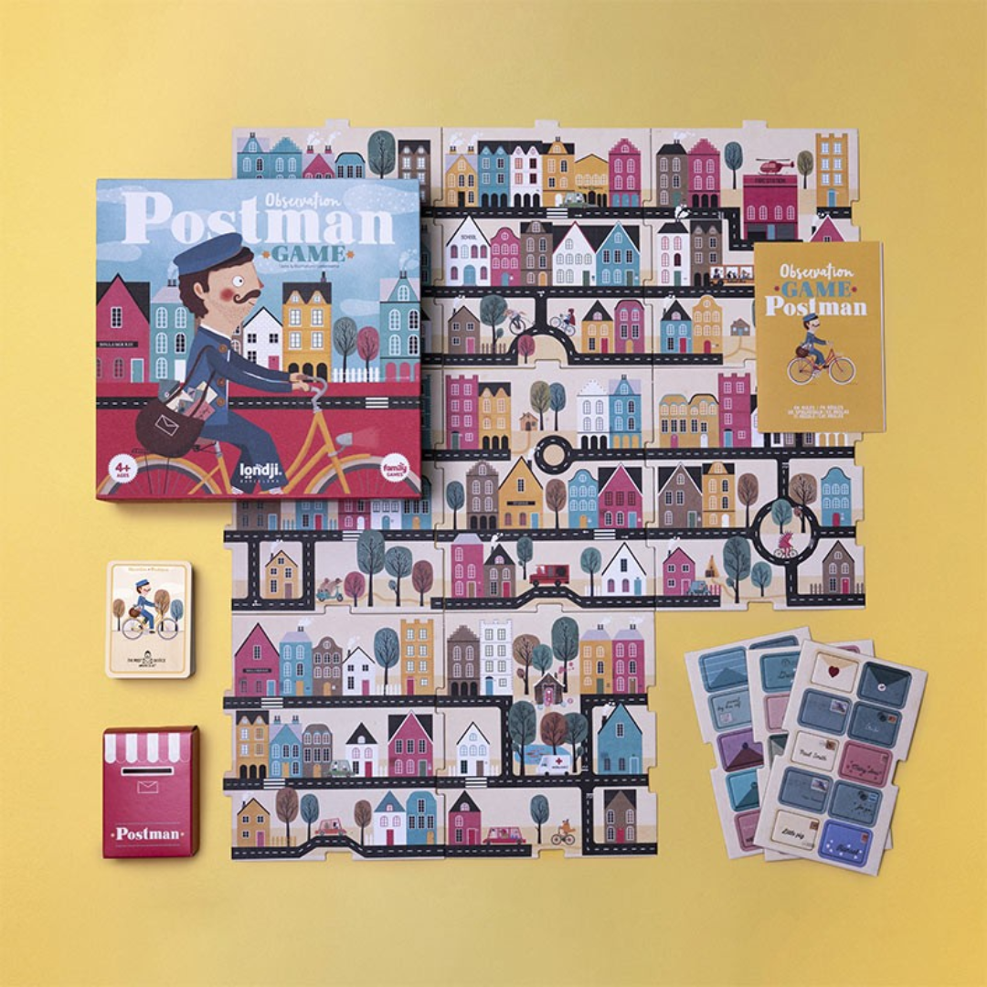 Londji A postás megfigyelő társasjáték játéktáblával és kártyákkal