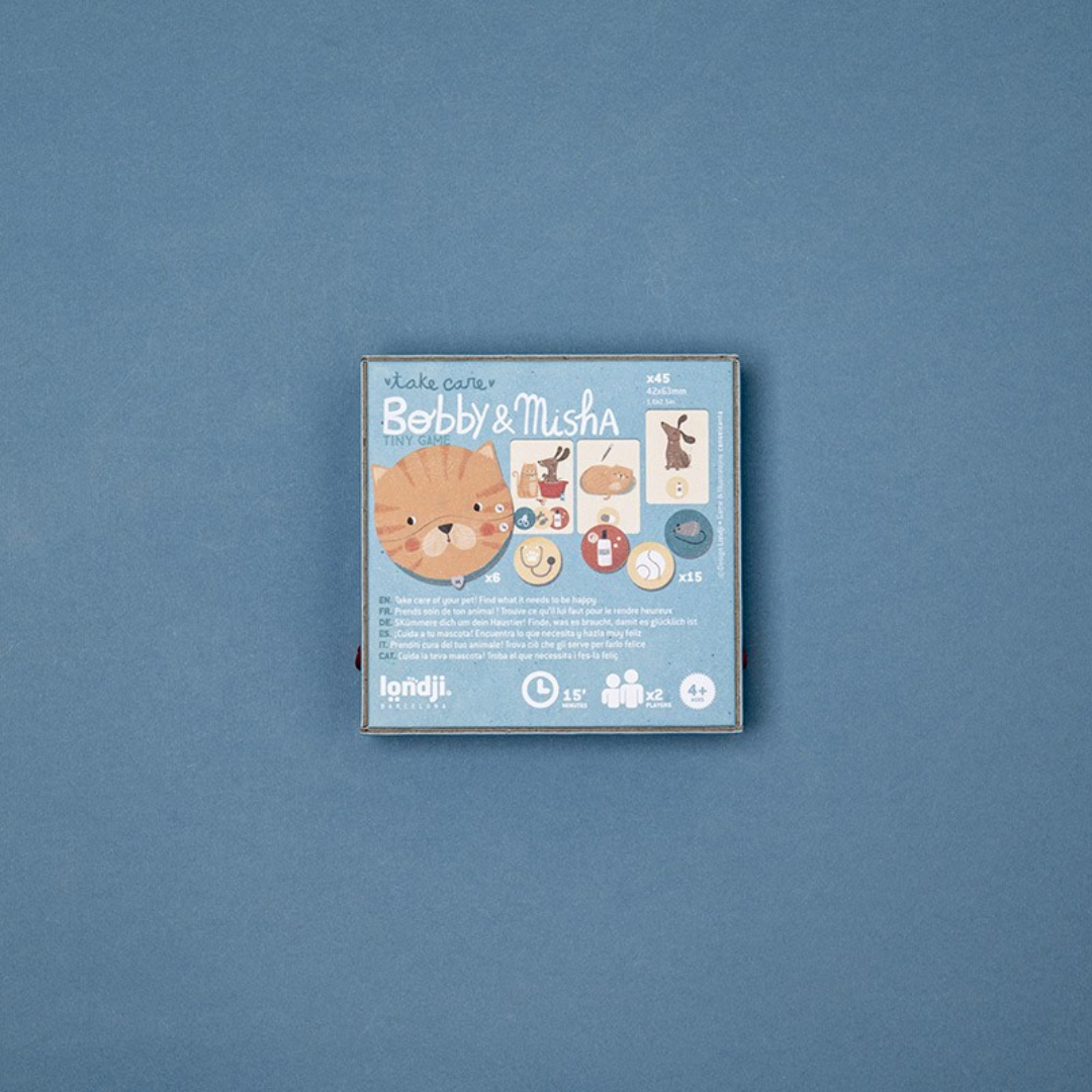 Londji Bobby & Misha mini gondoskodós társasjáték doboz hátoldala