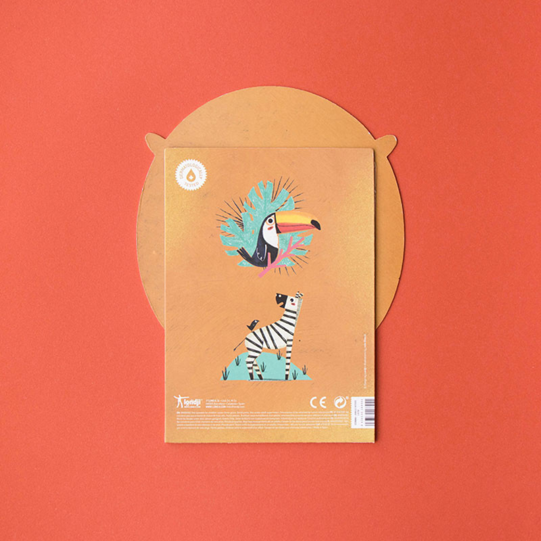 Londji Dzsungel gyerek tetoválás csomagolás hátoldala tukán és zebra mintával