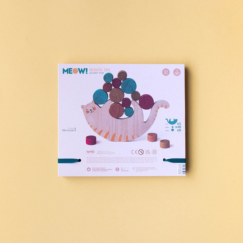 Londji Miaú fajáték doboza hátulról fontos információkkal, illusztrációval