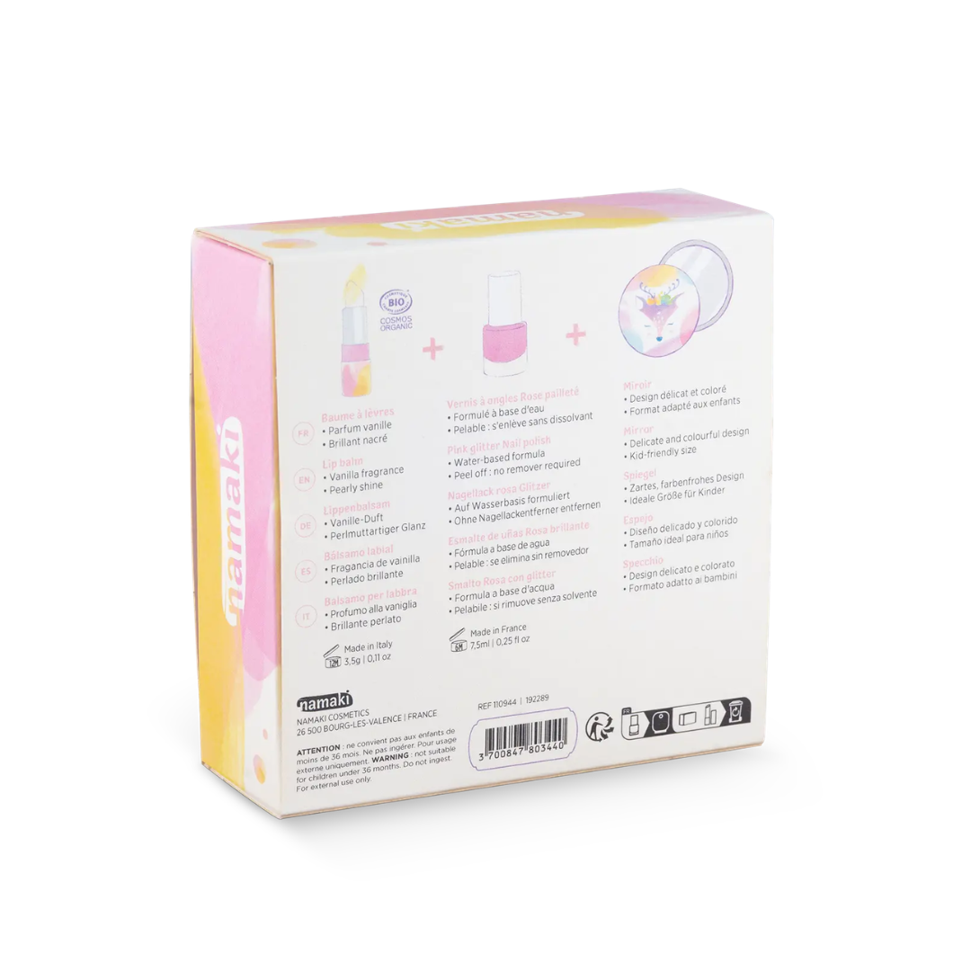 Namaki gyerek smink ajándék készlet – cinege, doboz hátoldala termékleírással és összetevőkkel