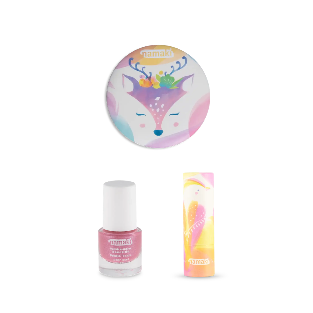 Namaki gyerek smink ajándék készlet – cinege, vaníliás ajakbalzsam, csillogó rózsaszín körömlakk és gyerek sminktükör