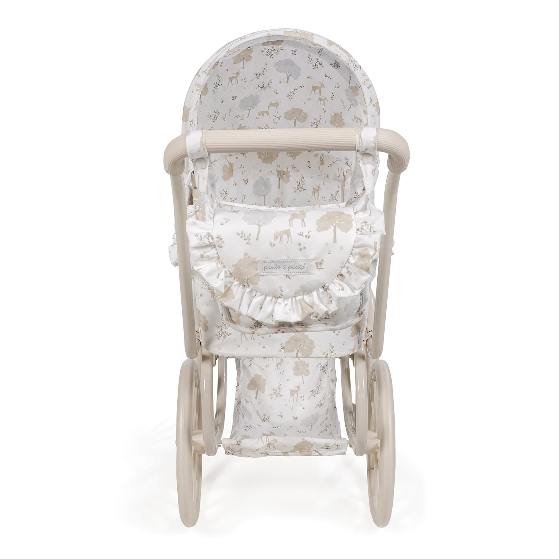 Őz és erdei mintás játék babakocsi, klasszikus stílusú, lehajtható kupolával és hozzá illő, fodros válltáskával