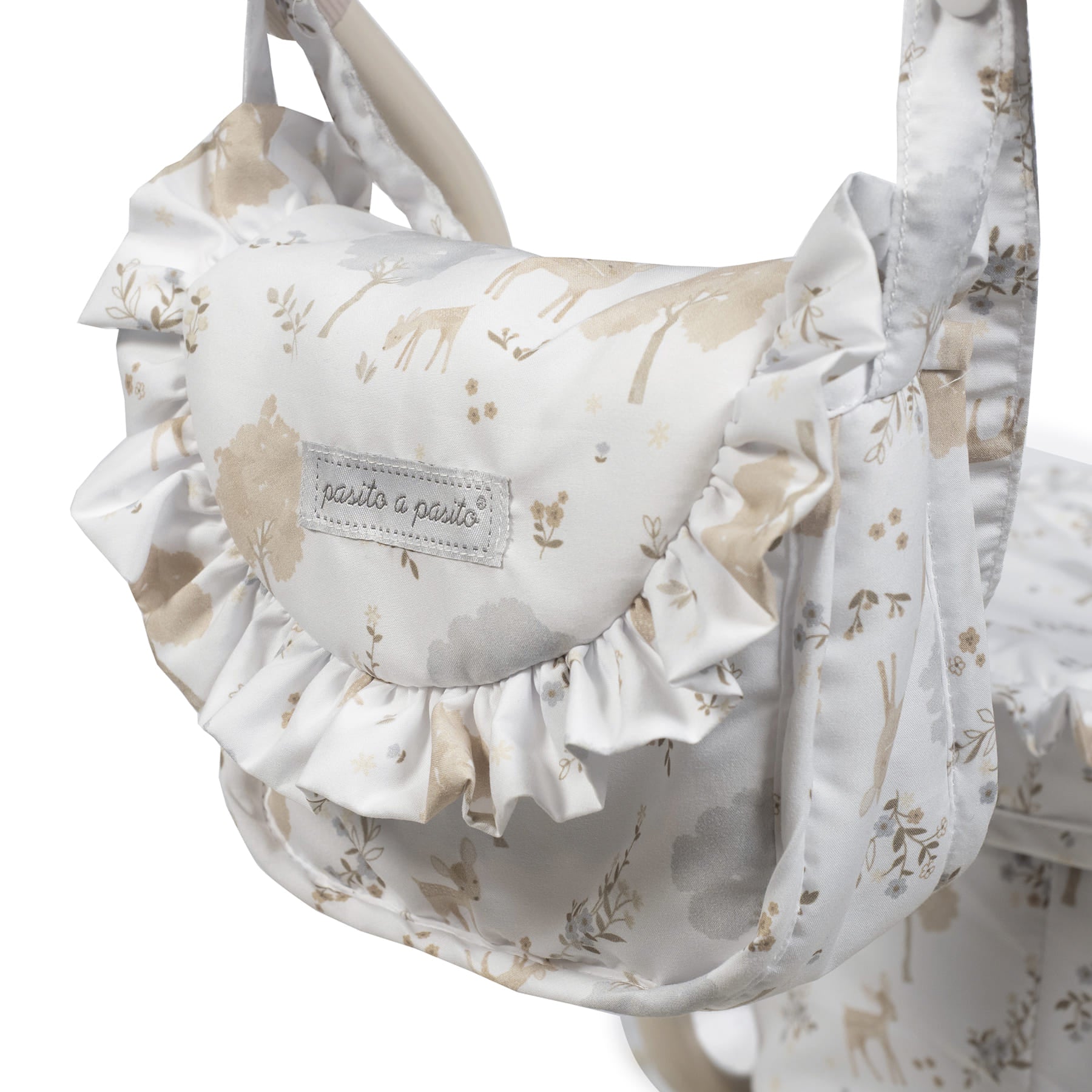 Klasszikus, vintage babakocsi hozzá illő, fodros válltáskával - ajándék kislányoknak