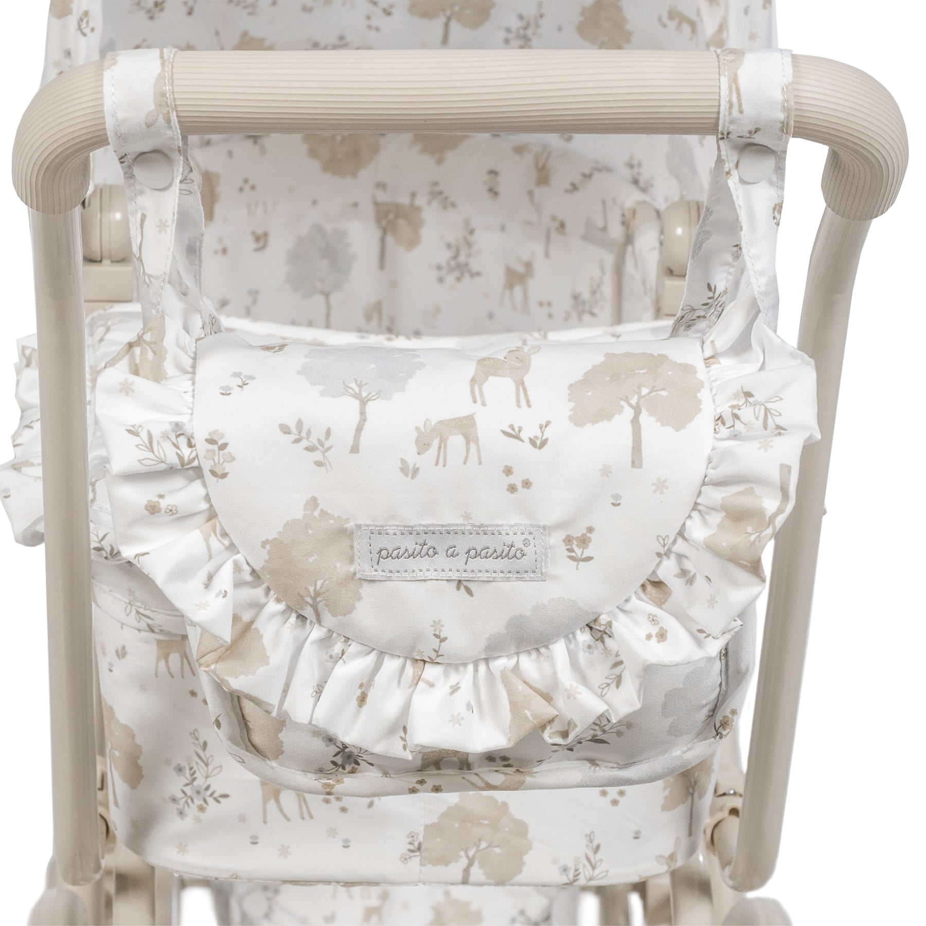 Vintage játék babakocsi hozzá illő, fodros válltáskával - ajándék kislányoknak