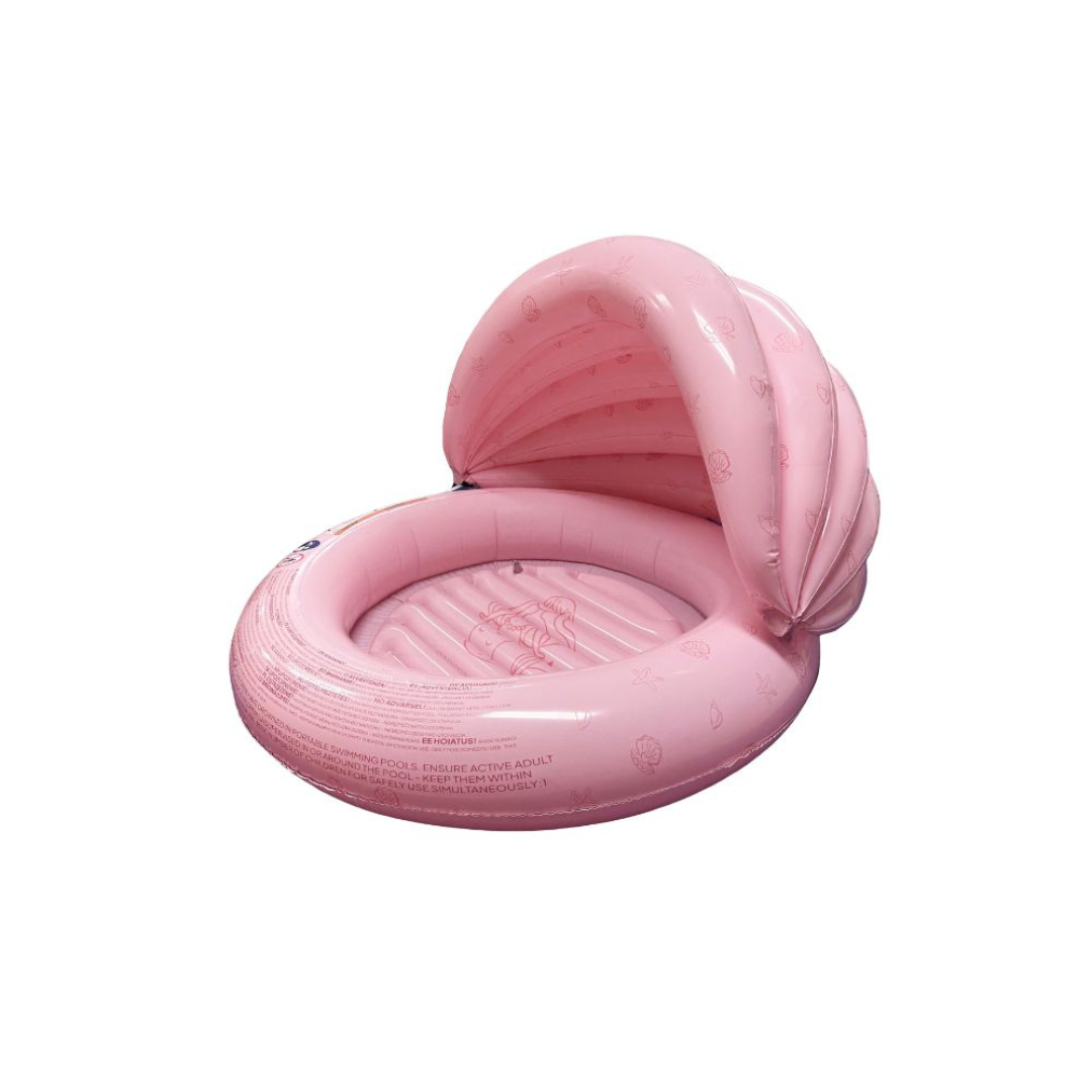 Swim Essentials gyöngyházfényű rózsaszín baba pancsoló kagyló mintával és beépített napvédő tetővel.