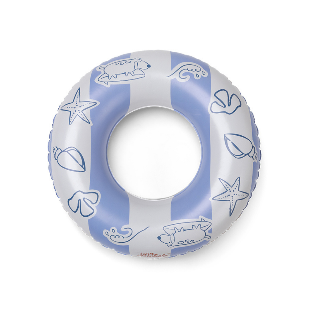 Swim Essentials kék-fehér csíkos gyerek úszógumi 55 cm-es méretben, szörföző kutya és kagyló mintával.