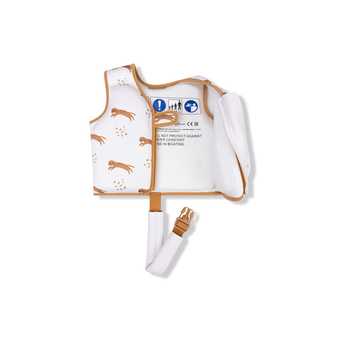 Kinyitott Swim Essentials leopárdmintás gyerek úszómellény, jól látható CE minősítési címkével és habbetétekkel.