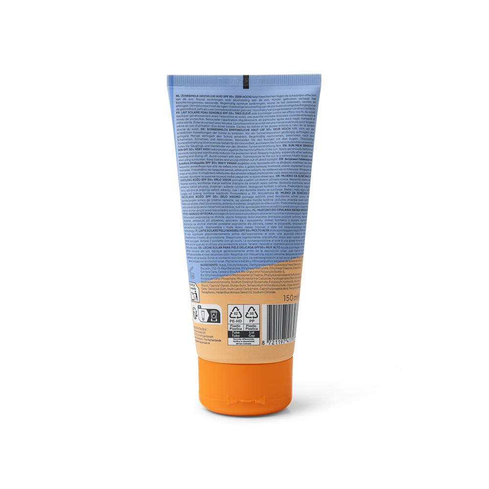 A 150 ml-es Swim Essentials érzékeny bőrre való naptej hátoldala használati utasítással.