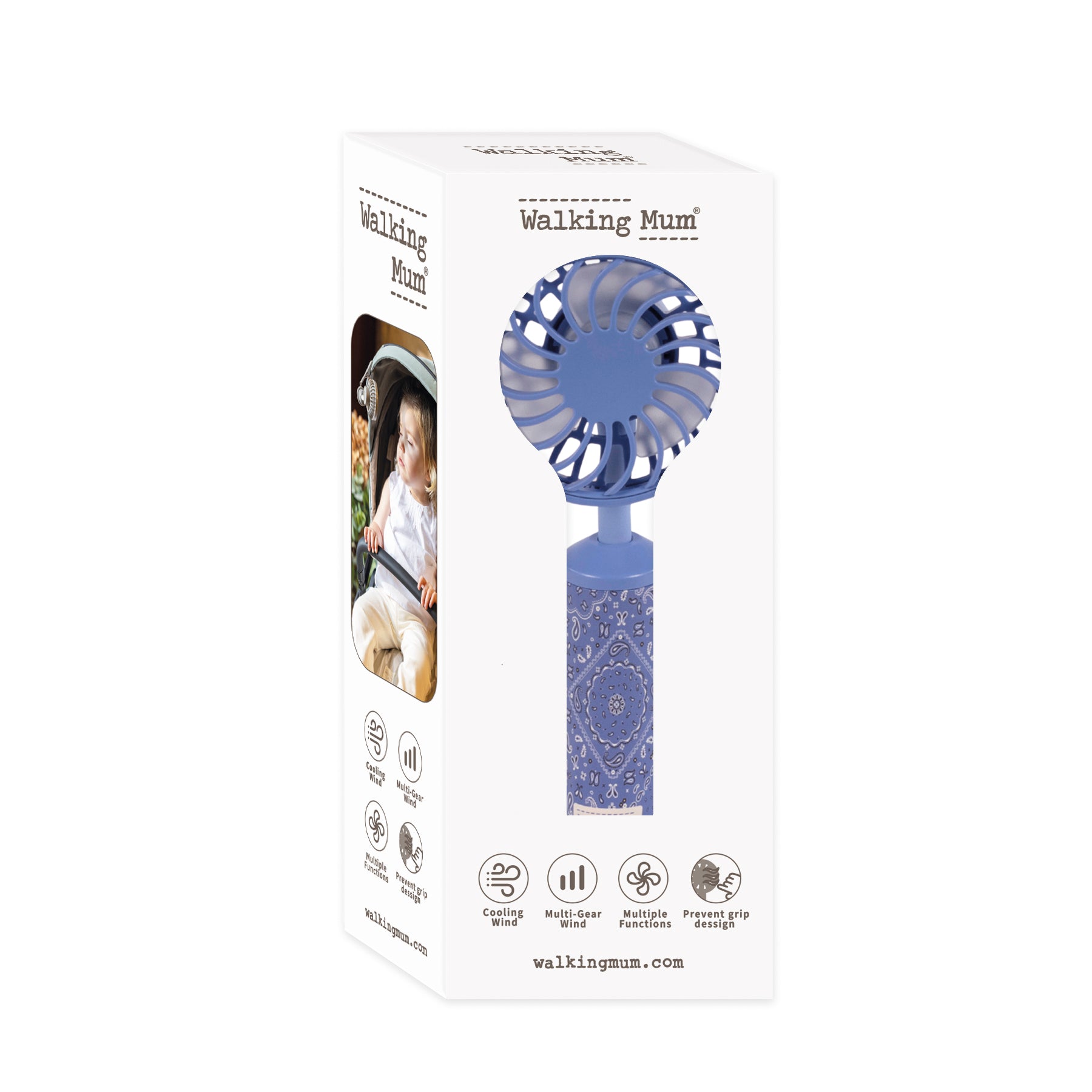 Walking Mum kék bandana mintás babakocsi ventilátor gyári dobozban