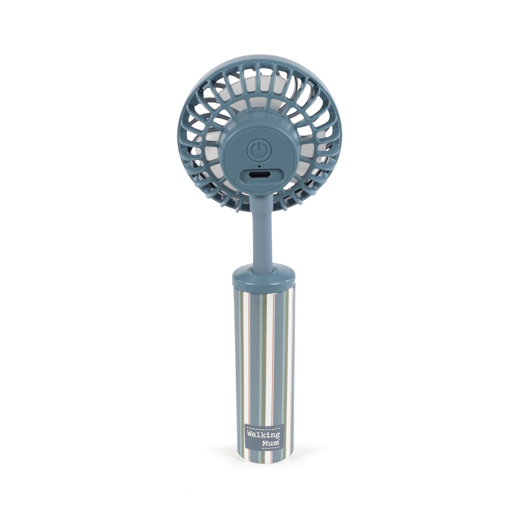 A csíkos babakocsi ventilátor hátulnézete az USB porttal