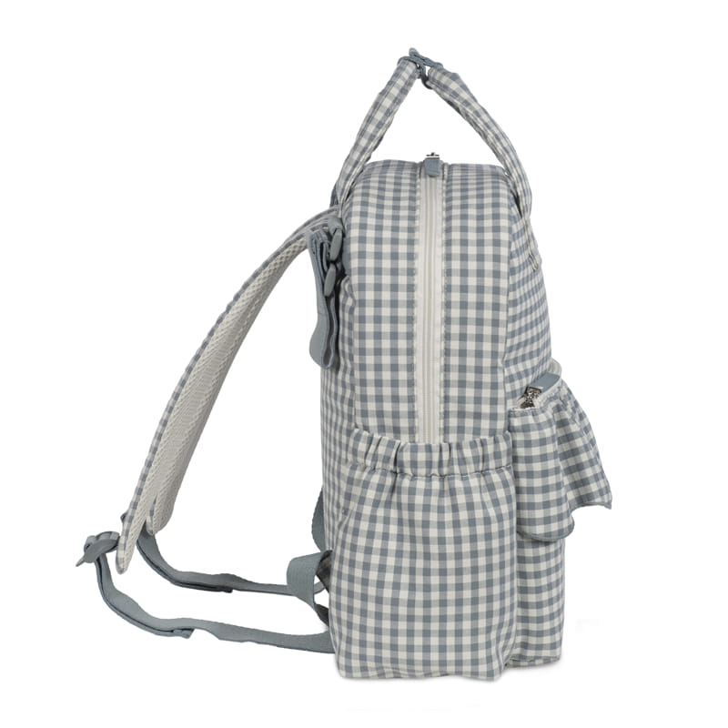 A zöld kockás pelenkázó táska elegáns profilja oldalról