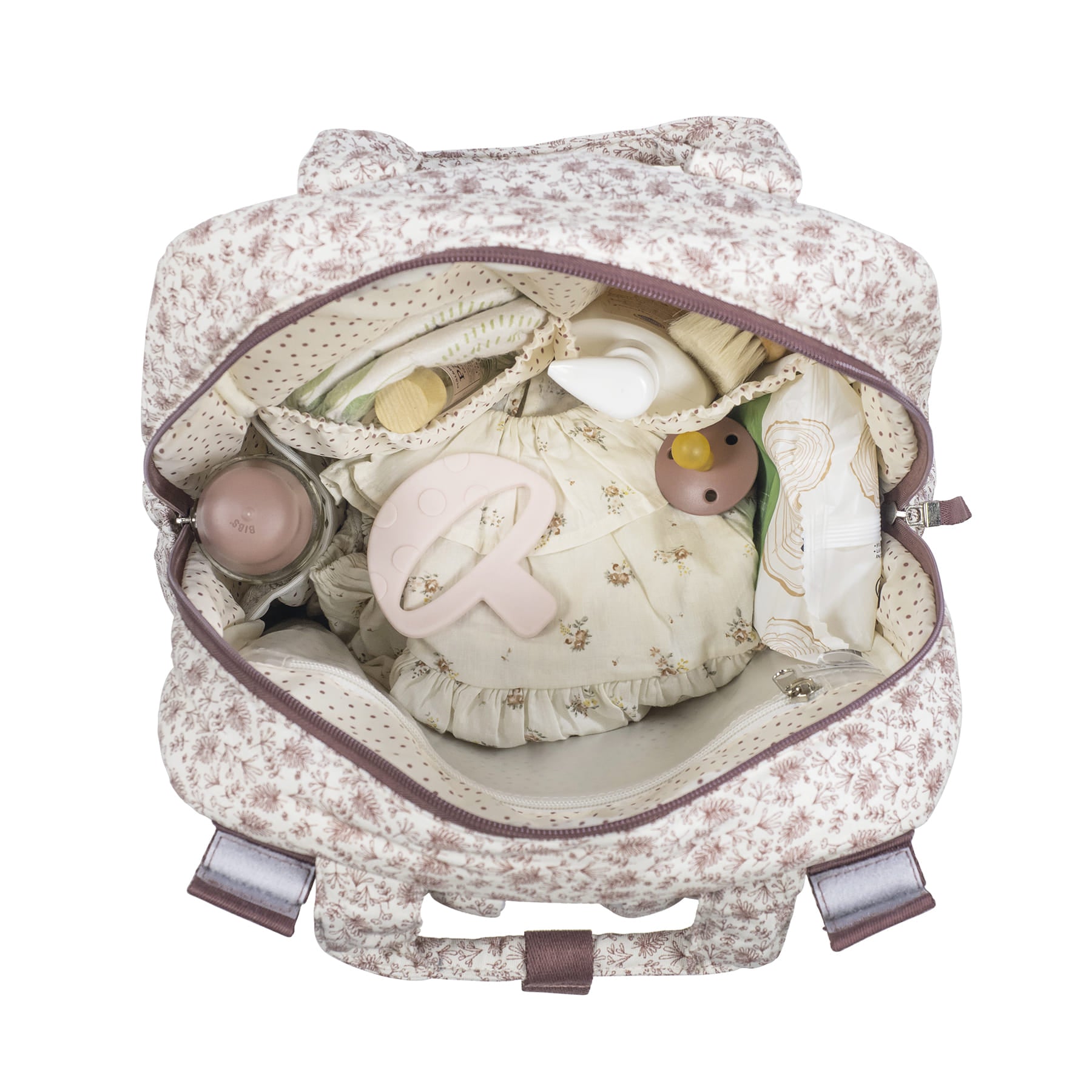 Átláthatóan pakolható pelenkázó hátizsák virágos mintával, rózsaszín árnyalatban