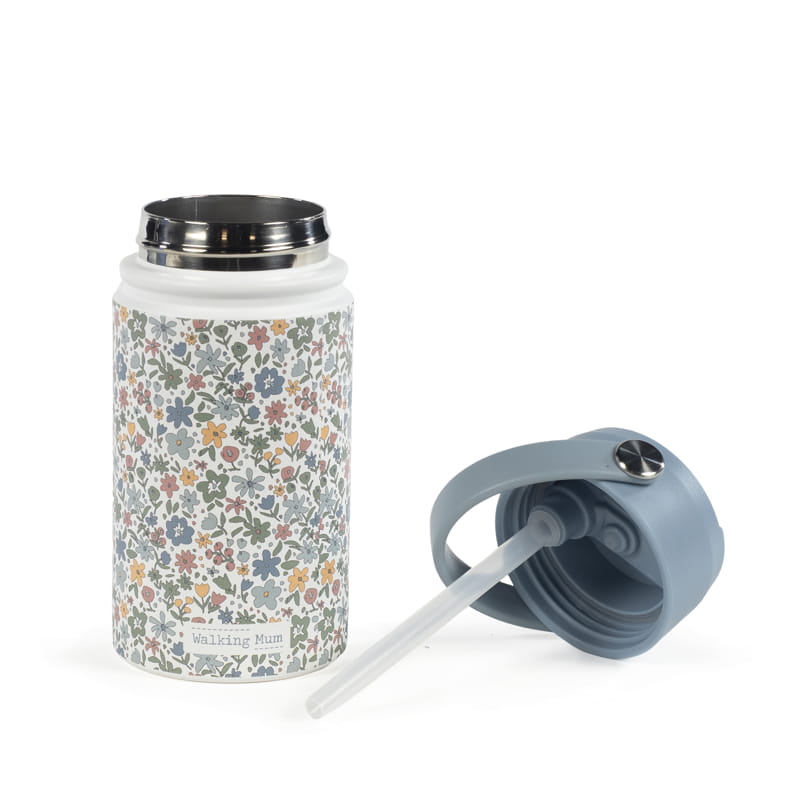 Walking Mum virágos kulacs nyitott kupakkal és szilikon szívószállal