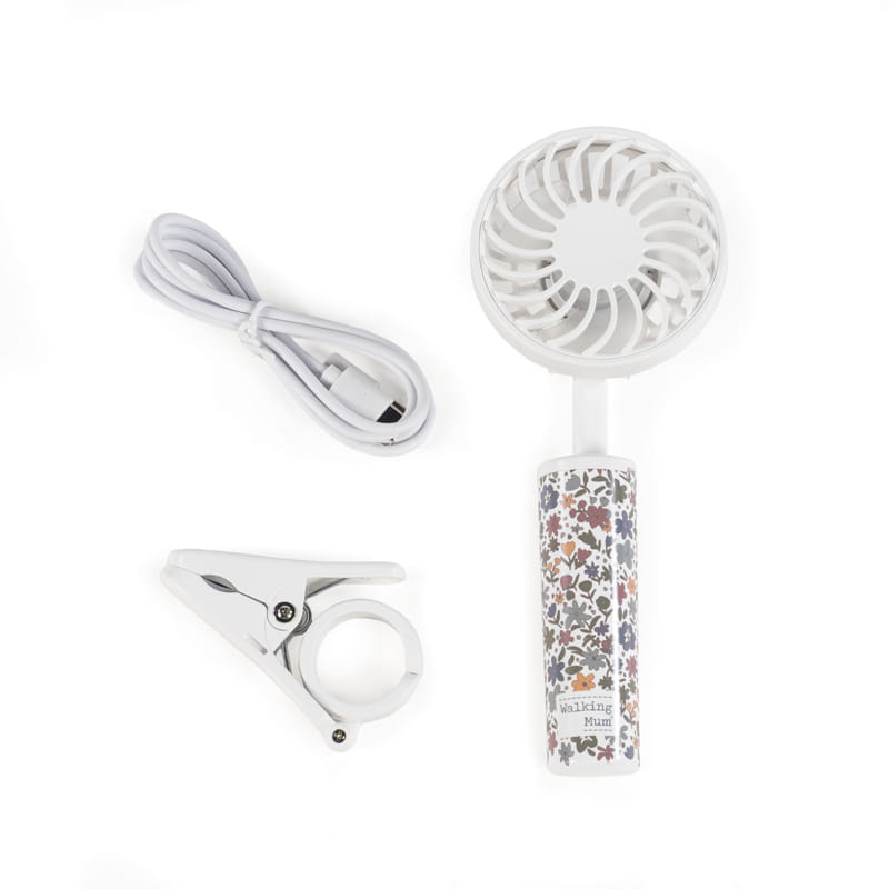 Walking Mum virágmintás babakocsi ventilátor USB töltőportja és tartozék kábele