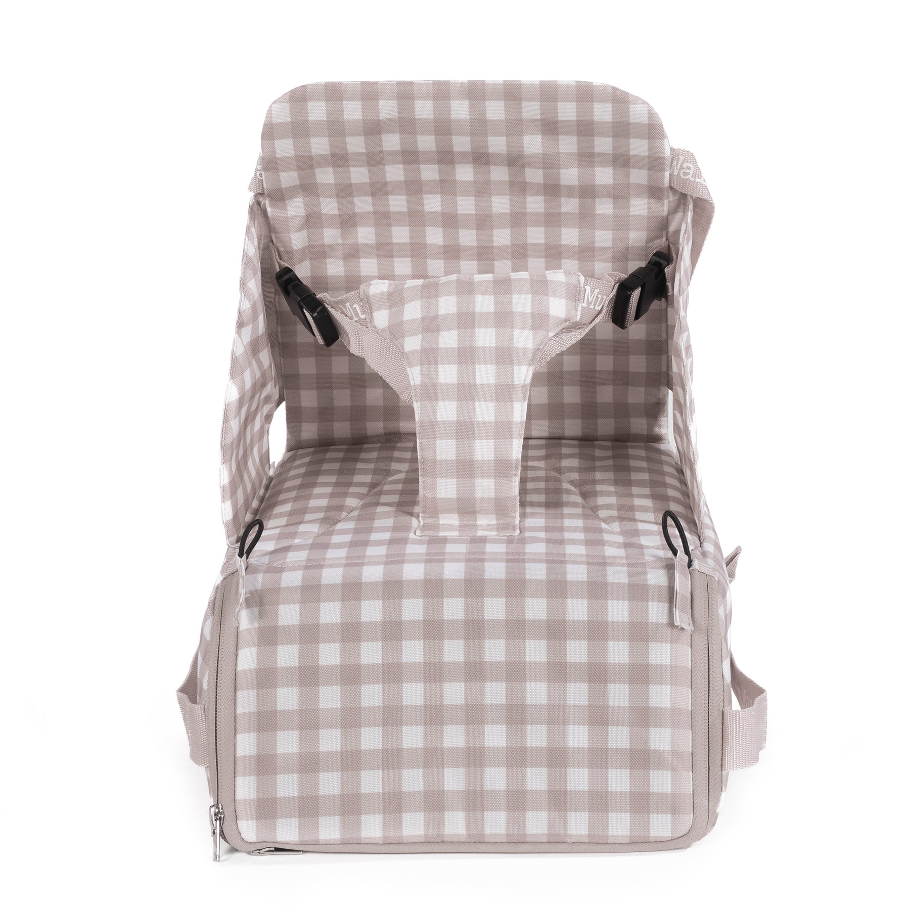 Hordozható textil székmagasító: egyszerű rögzítés, könnyű tisztítás, táskaként is használható - kockás, bézs színben