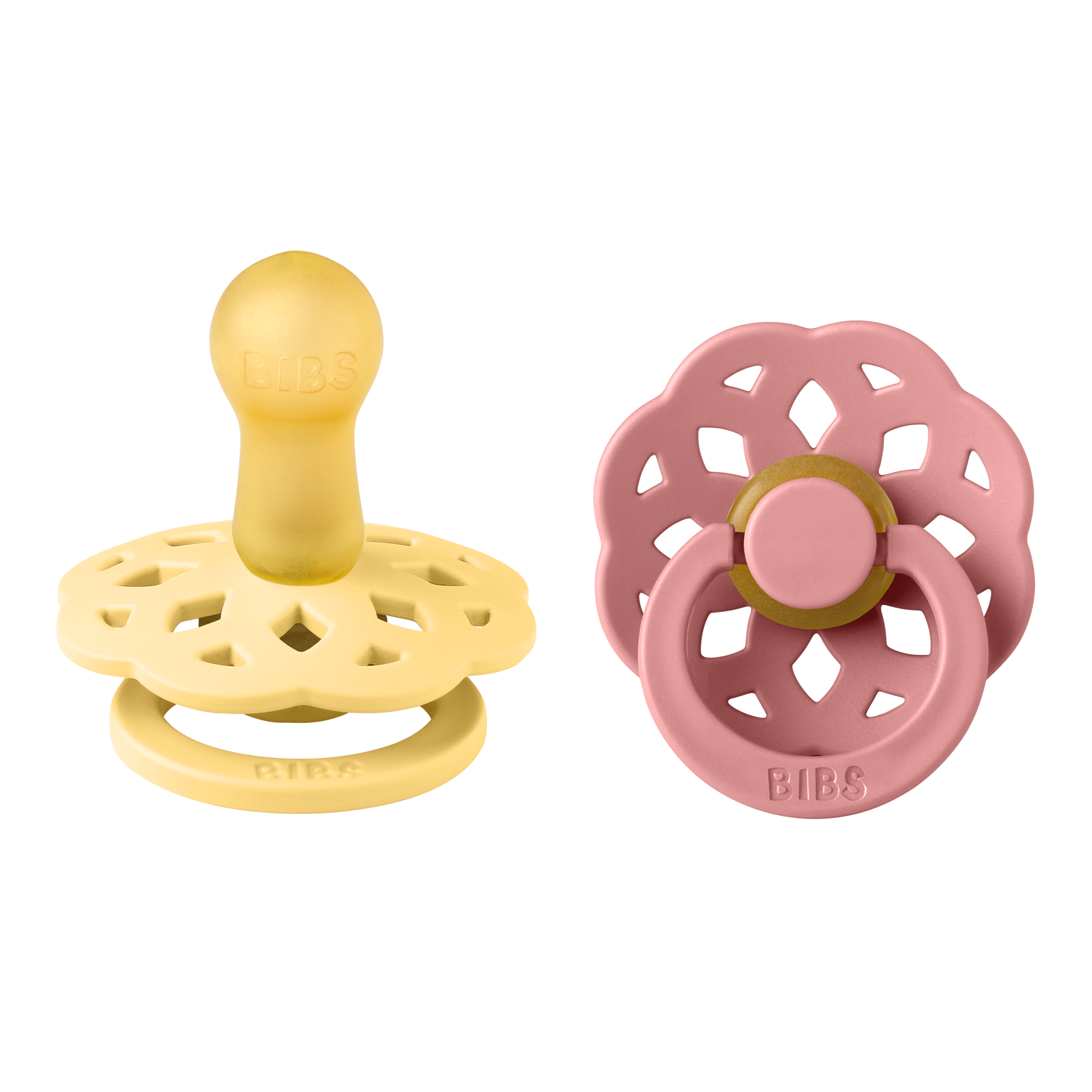 Sárga és rózsaszín BIBS cseresznyecumi natúrkaucsuk cumifejjel - pippadu