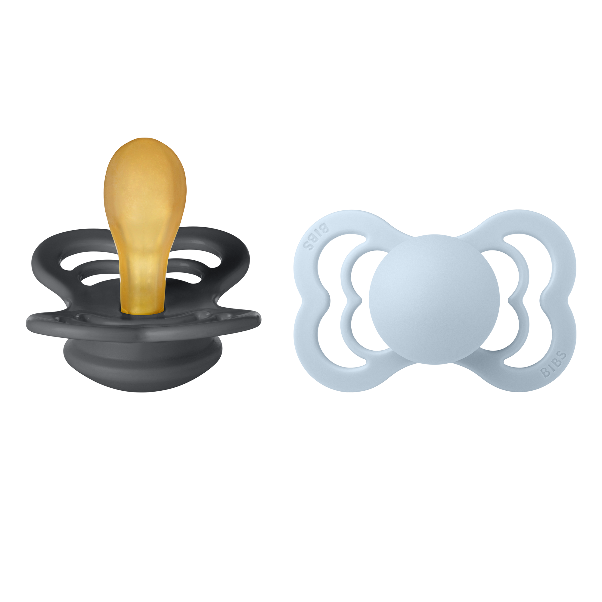 BIBS Supreme cumi natúrkaucsuk cumifejjel a pippadu polcain - grafit és pasztellkék színben - 6 hónapos kortól