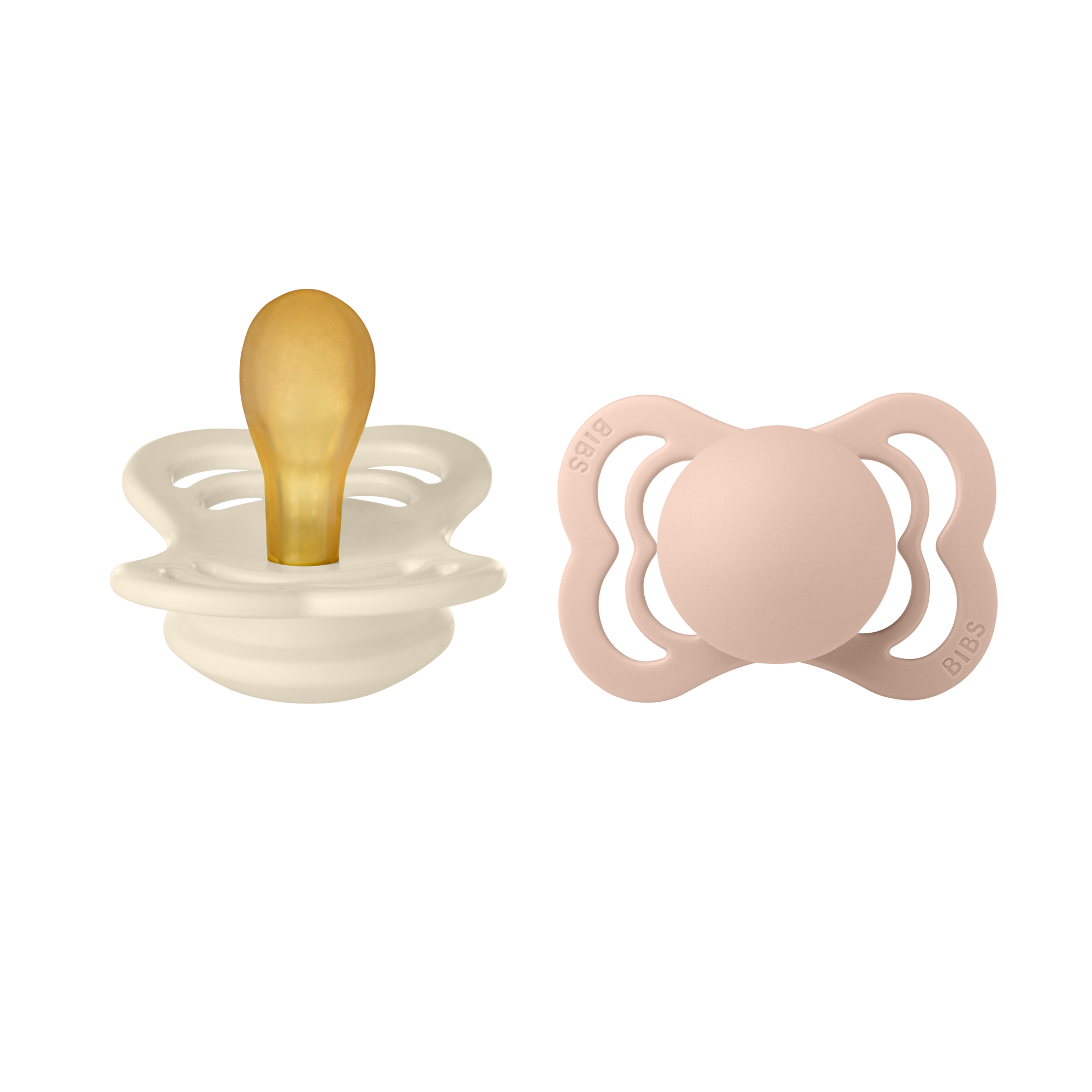 BIBS Supreme natúrkaucsuk szimmetrikus cumi krémfehér és púderrózsaszín színben 0 hónapos kortól - www.pippadu.hu
