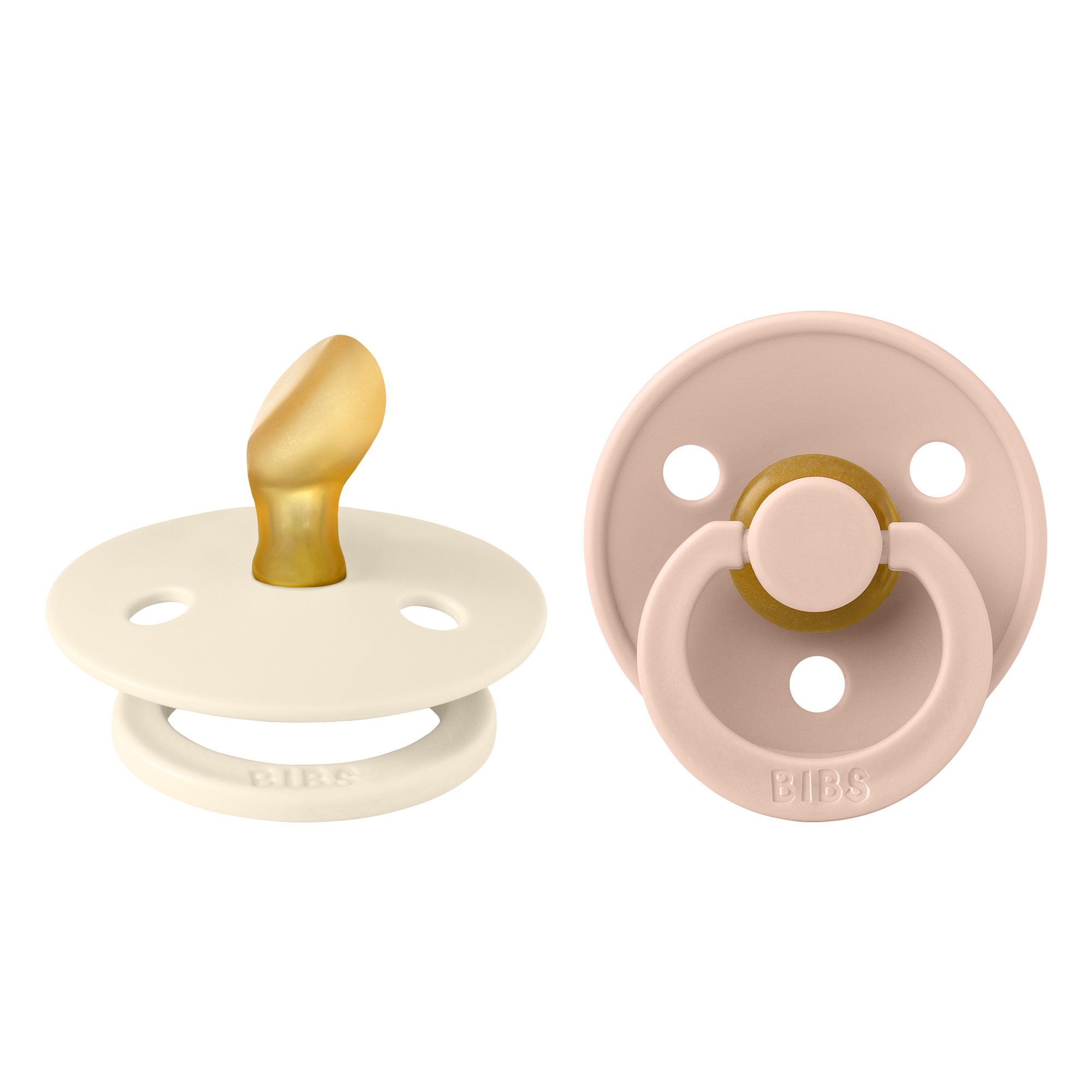 BIBS Colour anatómiai cumifejjel két méretben, krémfehér és púderrózsaszín színekben a pippadu oldalán