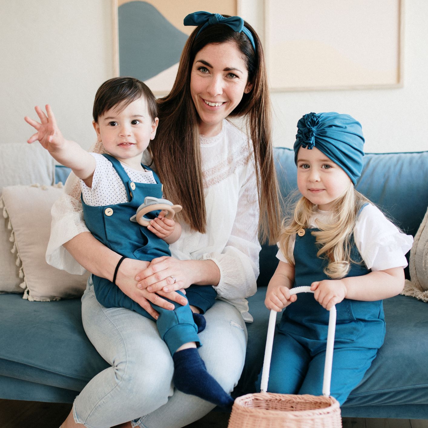 Turbán sapka és hajpánt a pippadutól - anya-lánya szettben - pávakék szín