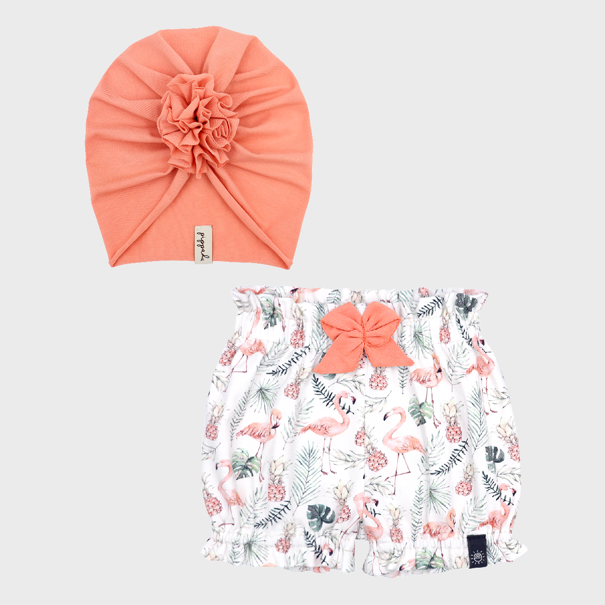 Fodros nadrág és turbánka szett flamingós mintával és nyári barack turbánkával - pippadu