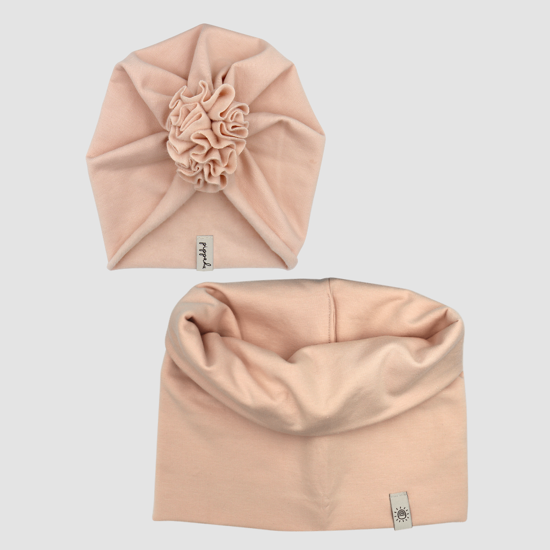 Turbánka-sál szett kézzel készült hamvas púder színben - pippadu