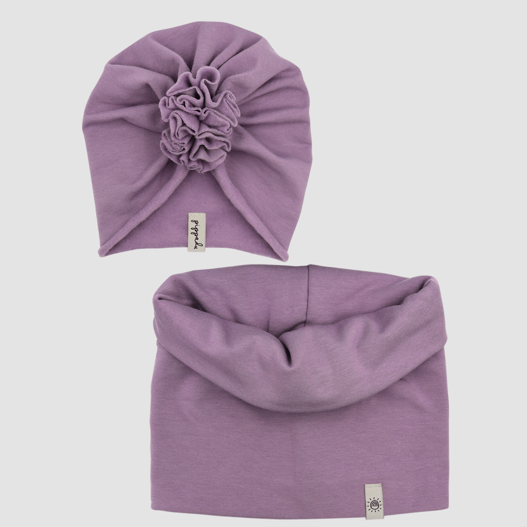 Kézzel készült turbánka csősál szettben orgona lila - pippadu