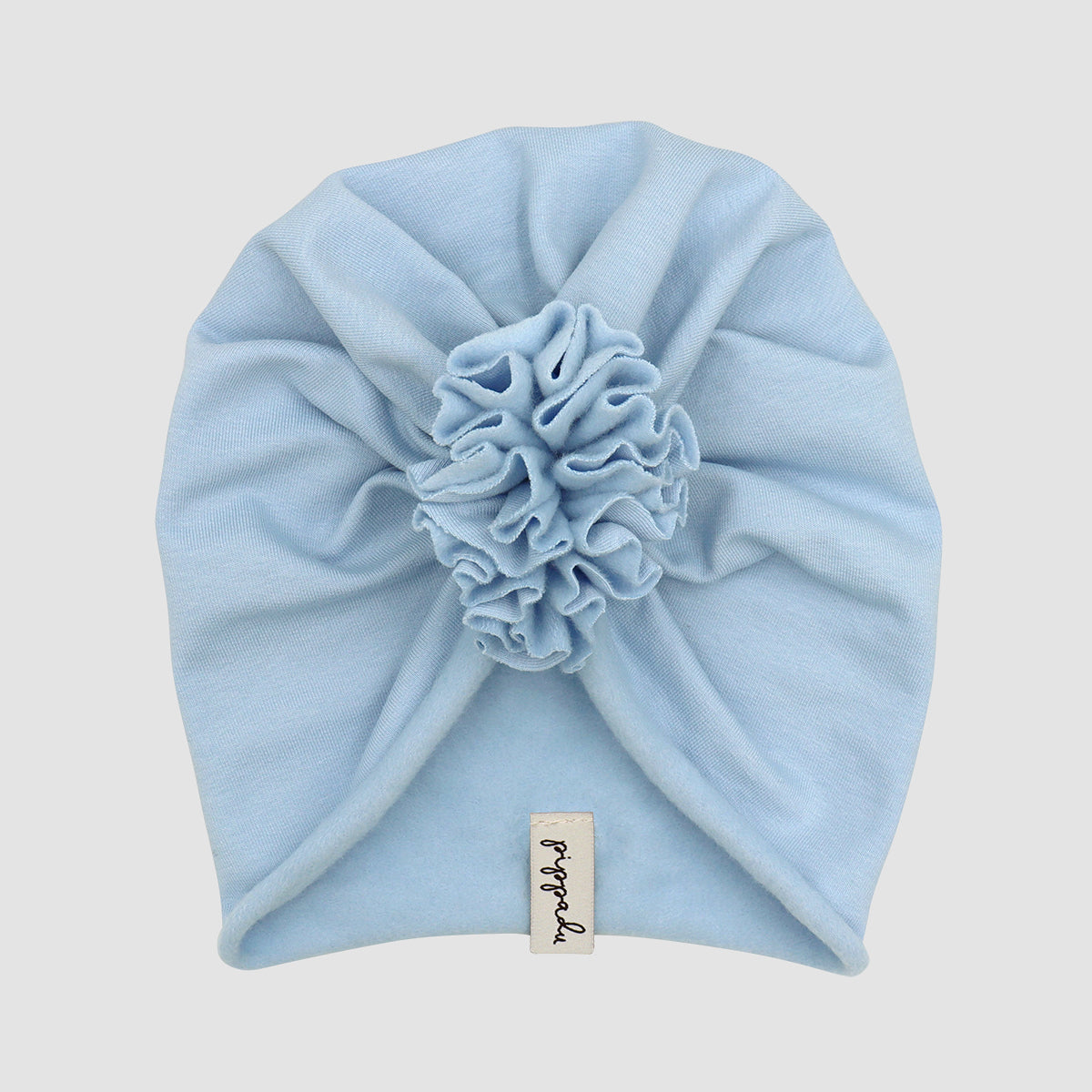 Kézzel készült pippadu turbánka világoskék színben