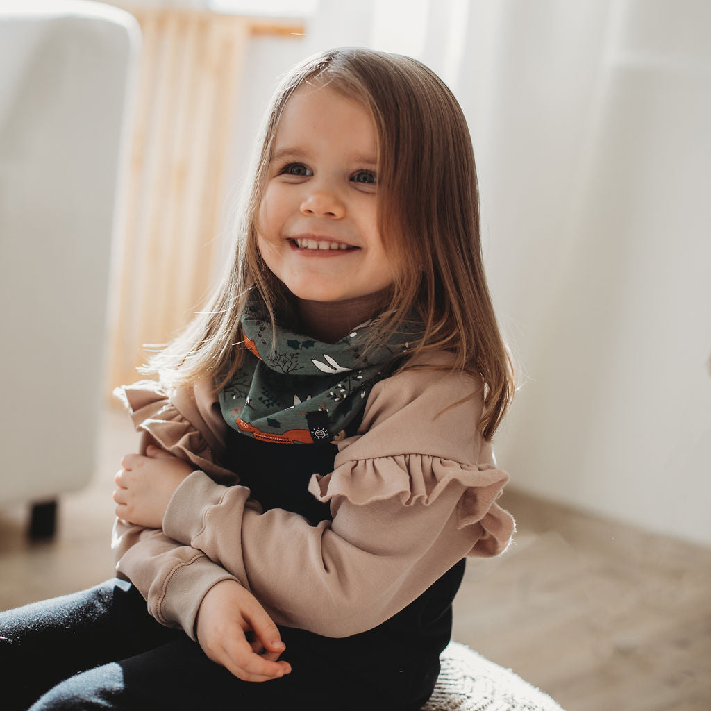 Szezám gyerek pulóver - fodorral - kézzel készült - pippadu