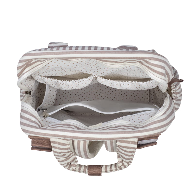 Belső rekeszek és elasztikus zsebek a rózsaszín-fehér csíkos hátizsákban